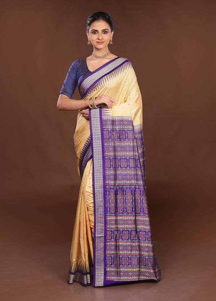 Cream Handloom Bomkai Pure Silk Saree With Blouse Piece