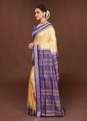 Cream Handloom Bomkai Pure Silk Saree With Blouse Piece