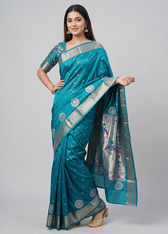 Blue Handloom Kanjivaram Pure Silk Saree With Blouse Piece
