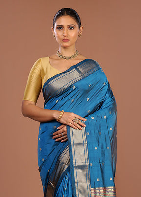 Blue Handloom Kanjivaram Pure Silk Saree With Blouse Piece