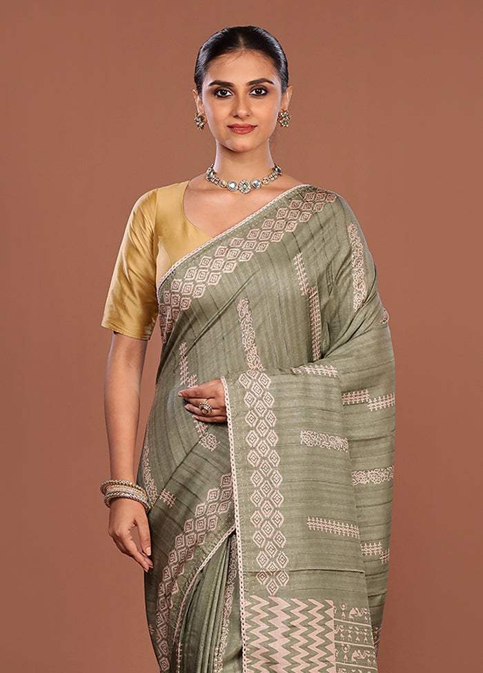 Green Tussar Silk Saree With Blouse Piece