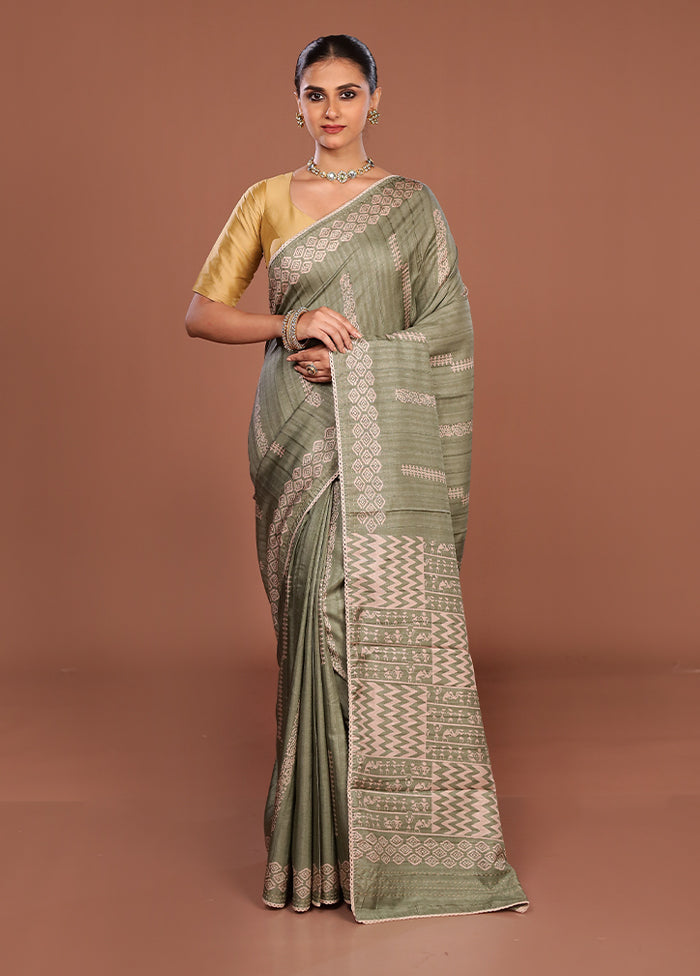 Green Tussar Silk Saree With Blouse Piece