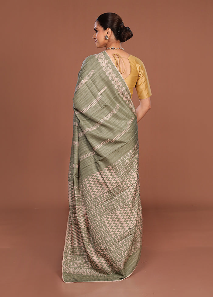 Green Tussar Silk Saree With Blouse Piece