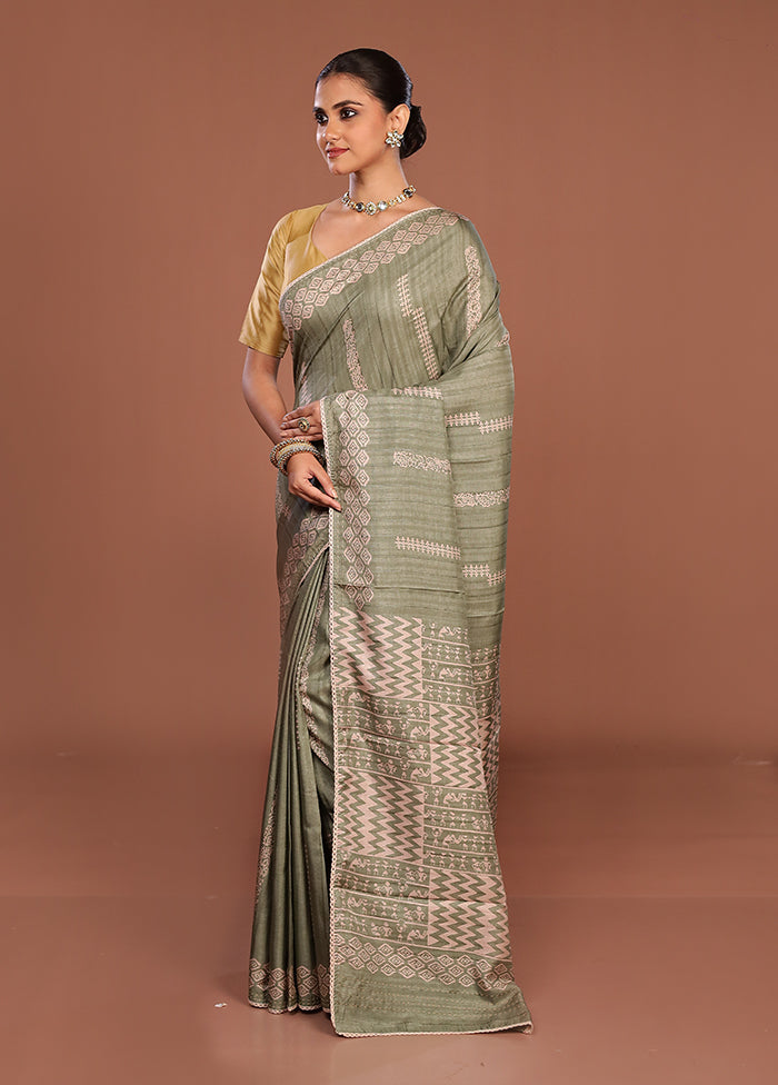 Green Tussar Silk Saree With Blouse Piece