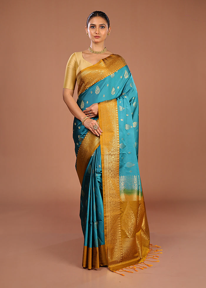 Blue Kanjivaram Silk Saree With Blouse Piece