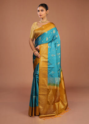 Blue Kanjivaram Silk Saree With Blouse Piece