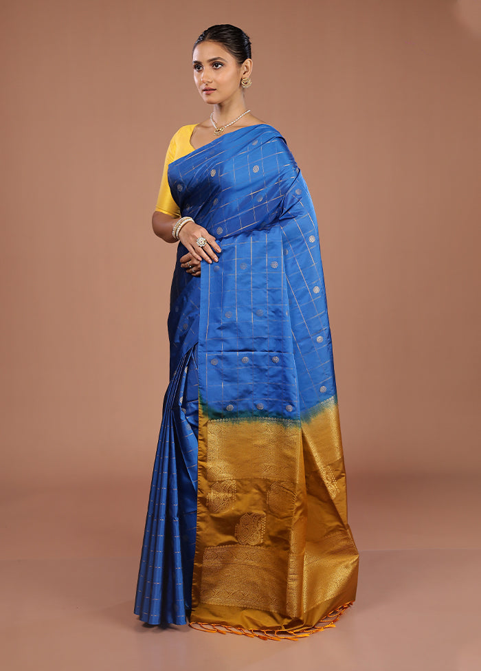 Blue Kanjivaram Silk Saree With Blouse Piece