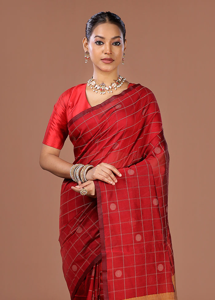 Maroon Cotton Saree With Blouse Piece