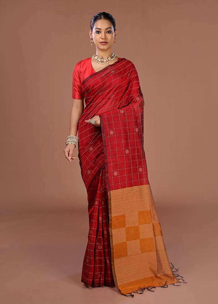 Maroon Cotton Saree With Blouse Piece