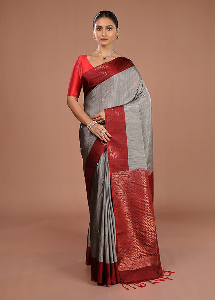 Grey Kanjivaram Silk Saree With Blouse Piece