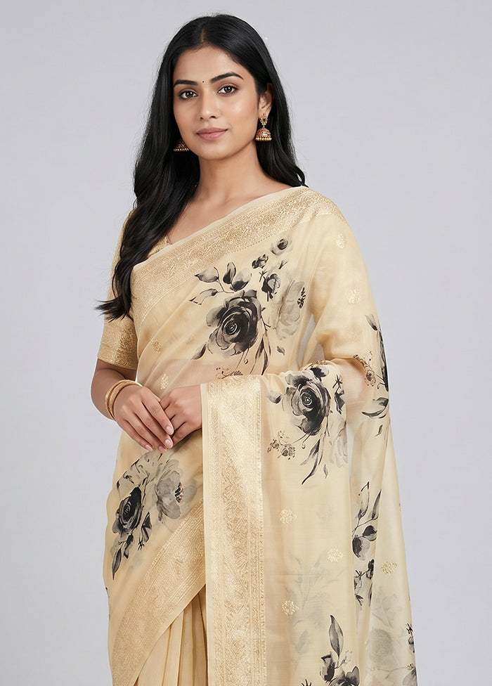 Cream Tussar Silk Saree With Blouse Piece