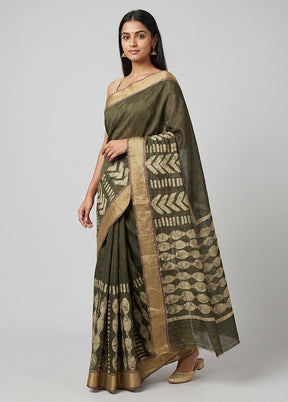 Green Tussar Silk Saree With Blouse Piece