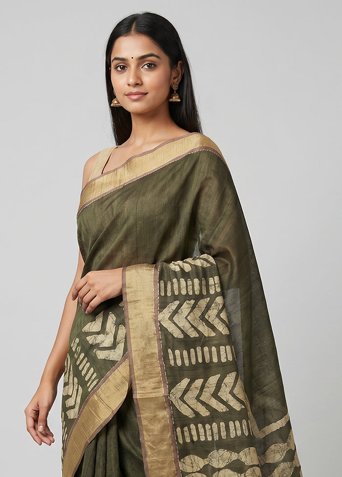Green Tussar Silk Saree With Blouse Piece