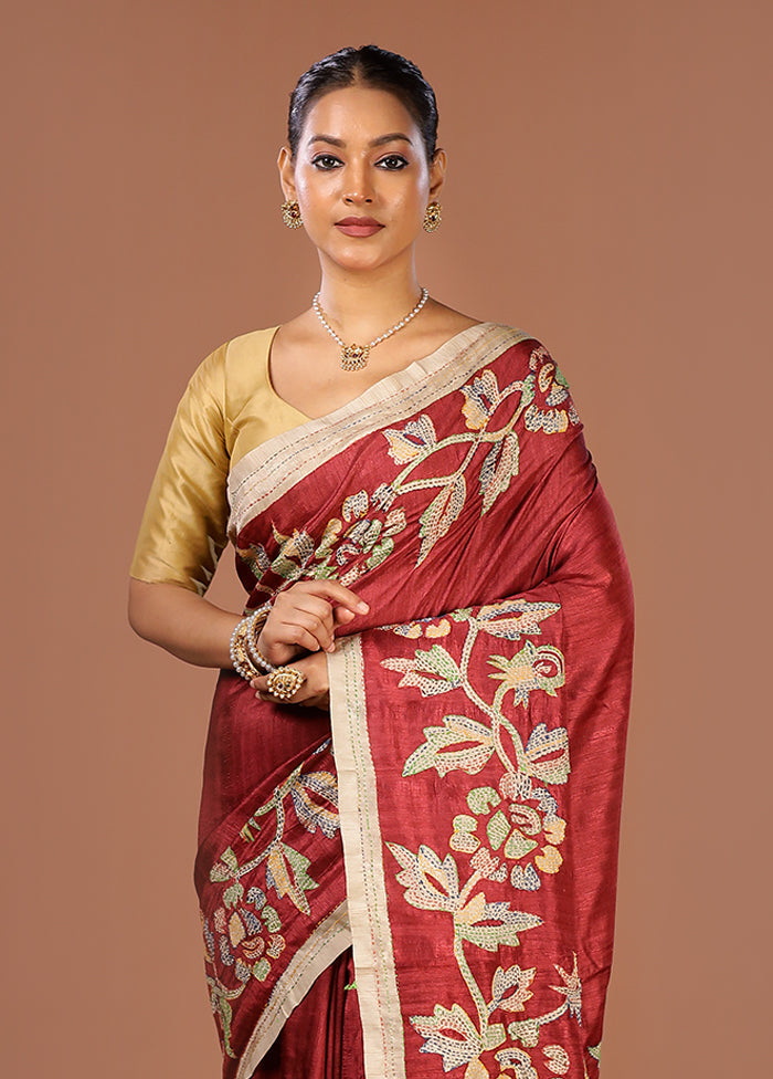 Maroon Tussar Silk Saree With Blouse Piece