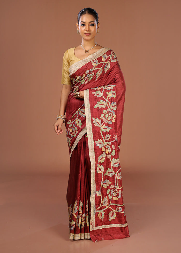 Maroon Tussar Silk Saree With Blouse Piece