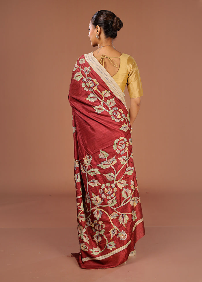 Maroon Tussar Silk Saree With Blouse Piece
