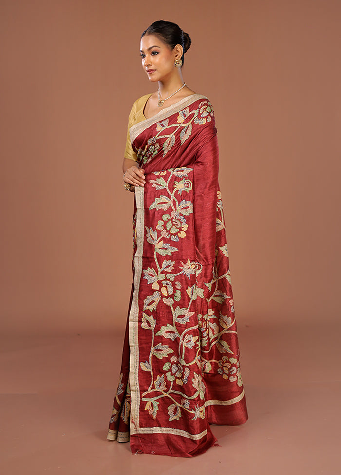 Maroon Tussar Silk Saree With Blouse Piece