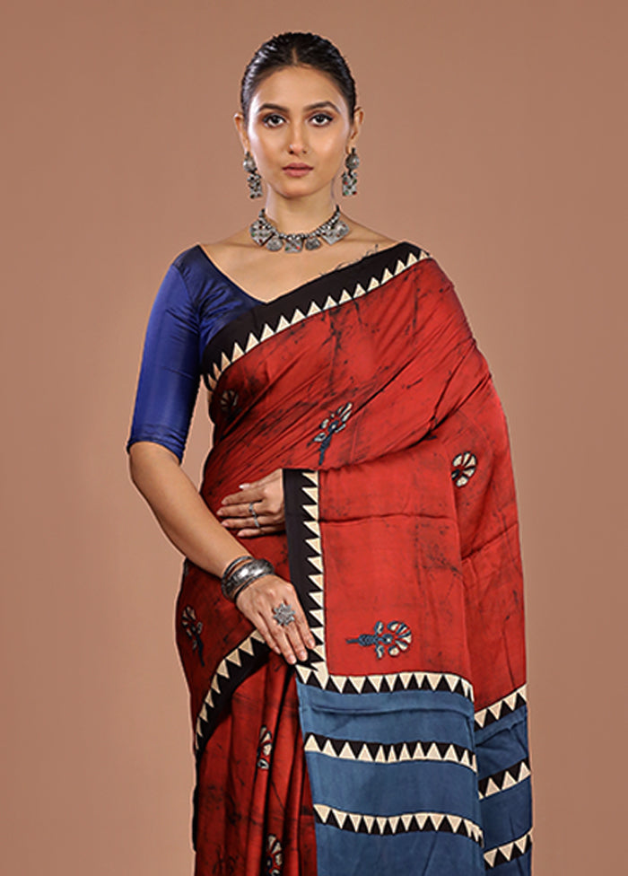 Blue Printed Pure Silk Saree Without Blouse Piece