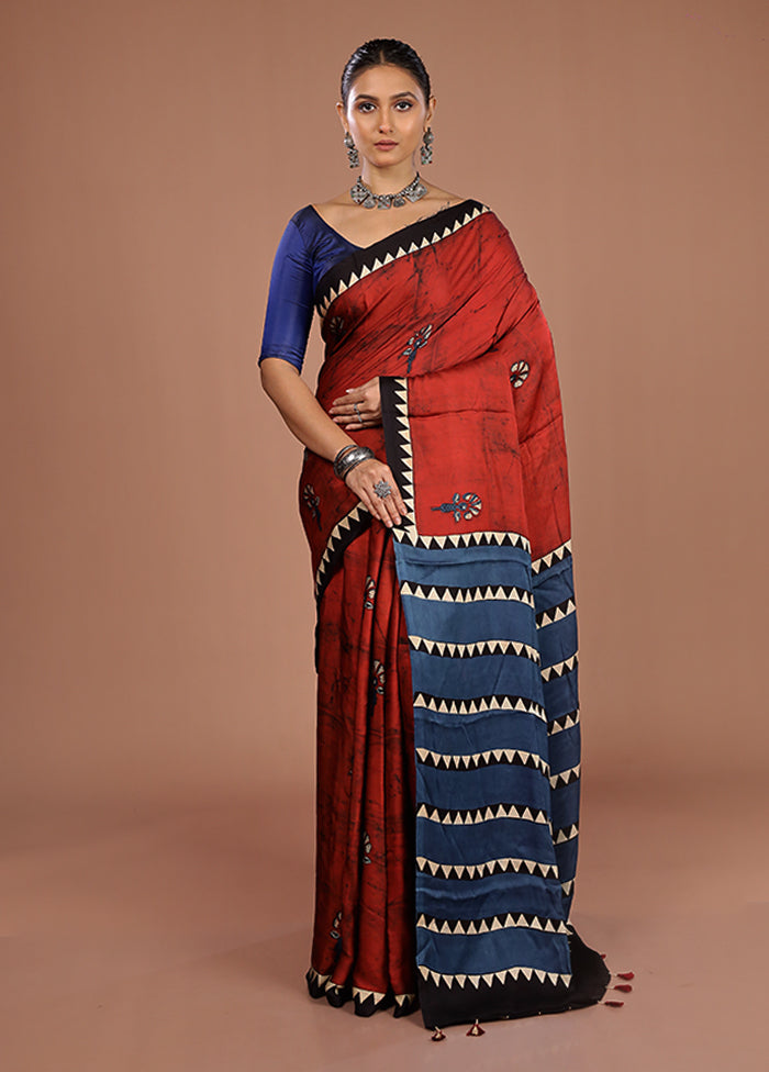 Blue Printed Pure Silk Saree Without Blouse Piece