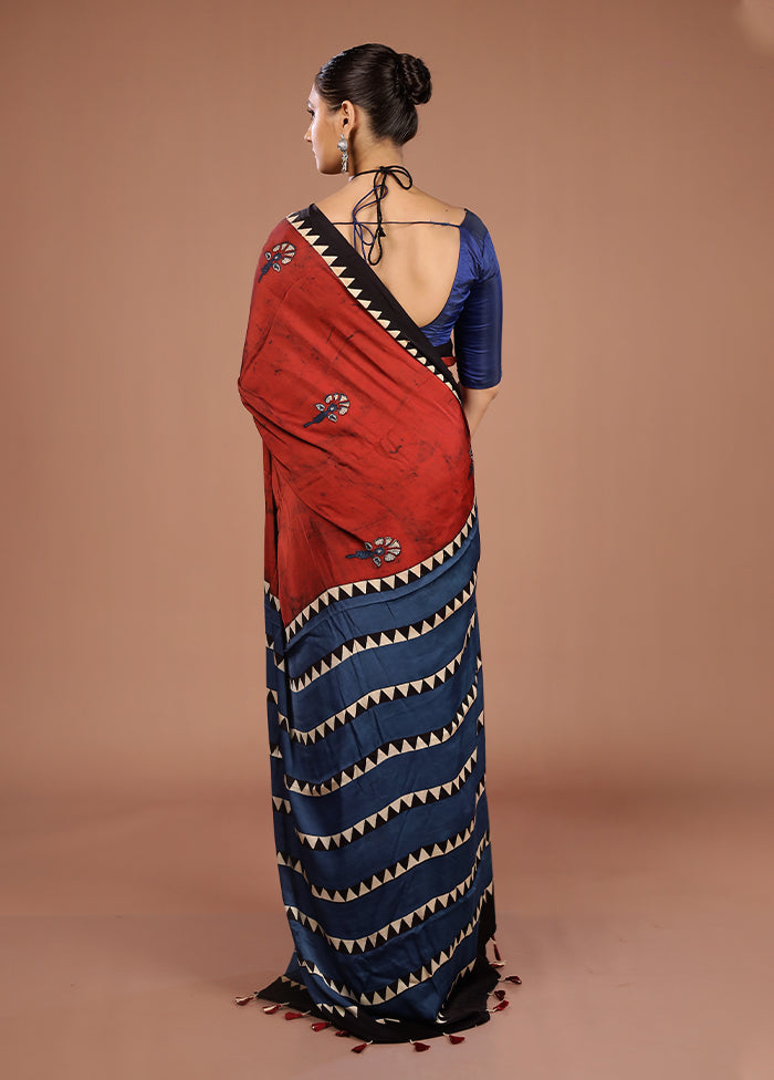 Blue Printed Pure Silk Saree Without Blouse Piece