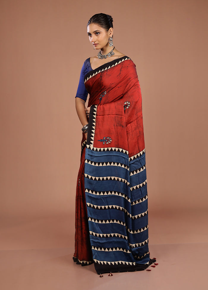 Blue Printed Pure Silk Saree Without Blouse Piece