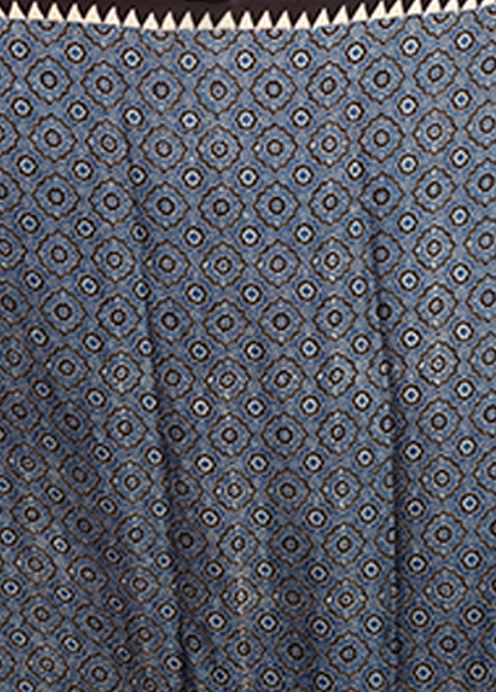 Blue Printed Pure Silk Saree Without Blouse Piece