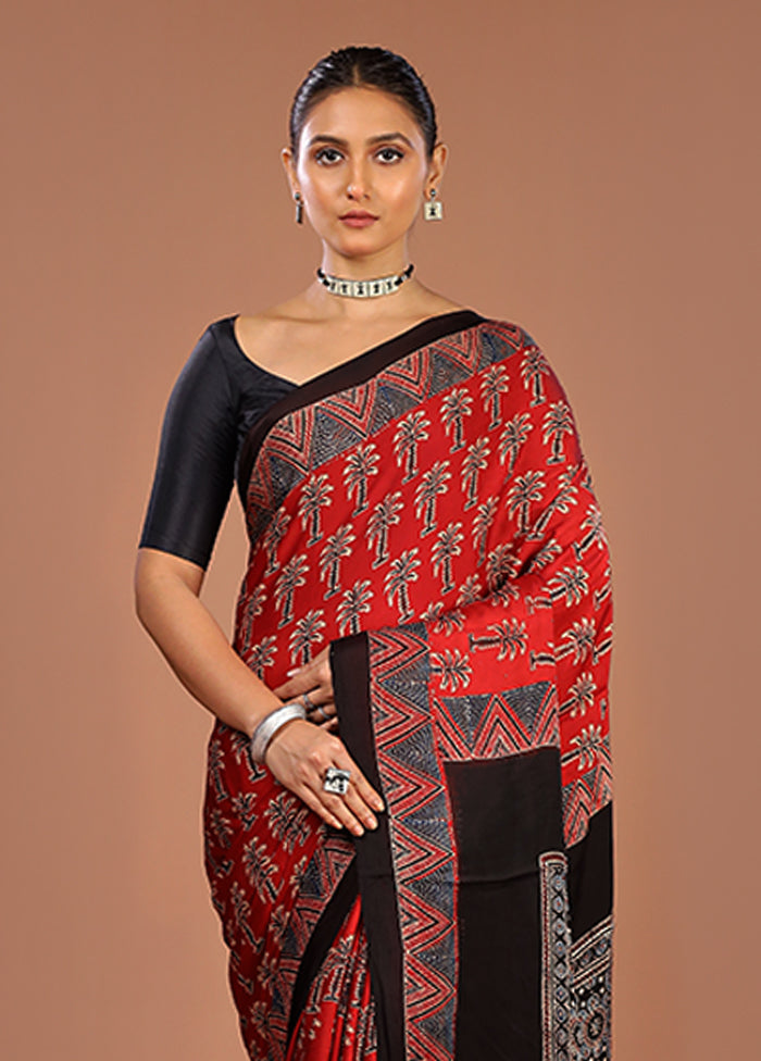Red Printed Pure Silk Saree Without Blouse Piece