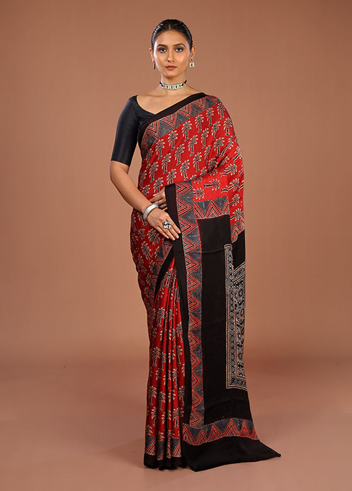 Red Printed Pure Silk Saree Without Blouse Piece