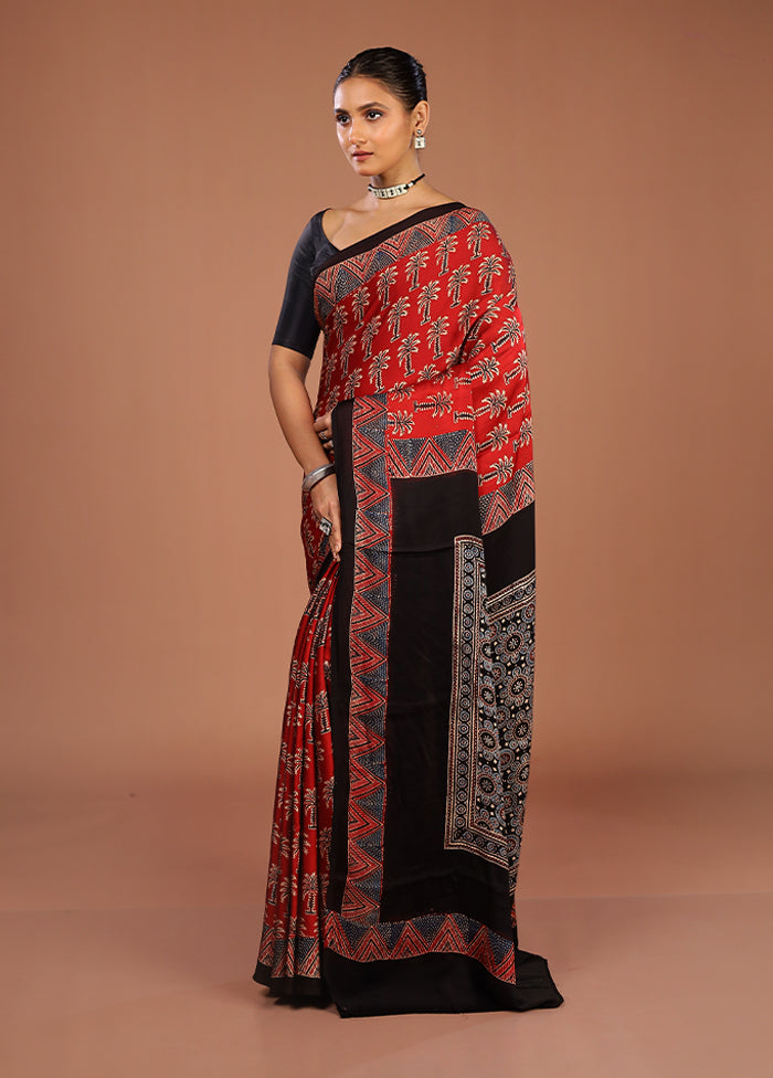 Red Printed Pure Silk Saree Without Blouse Piece