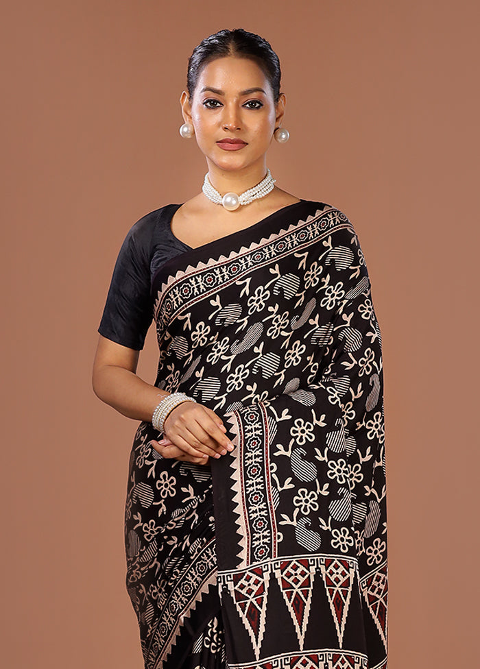 Black Printed Pure Silk Saree Without Blouse Piece