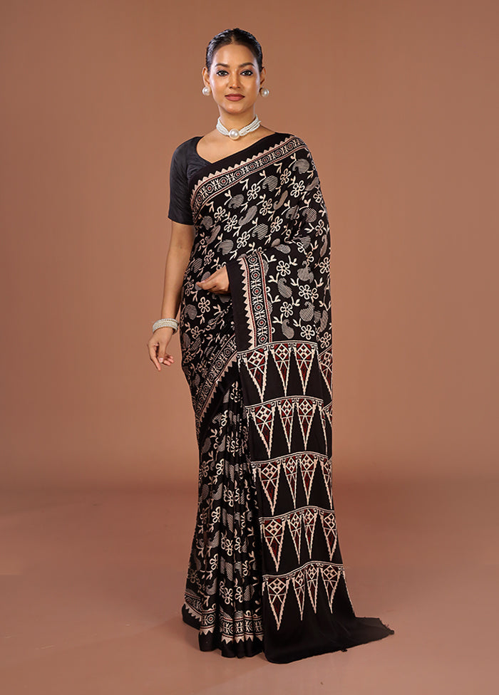 Black Printed Pure Silk Saree Without Blouse Piece
