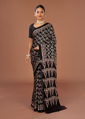 Black Printed Pure Silk Saree Without Blouse Piece