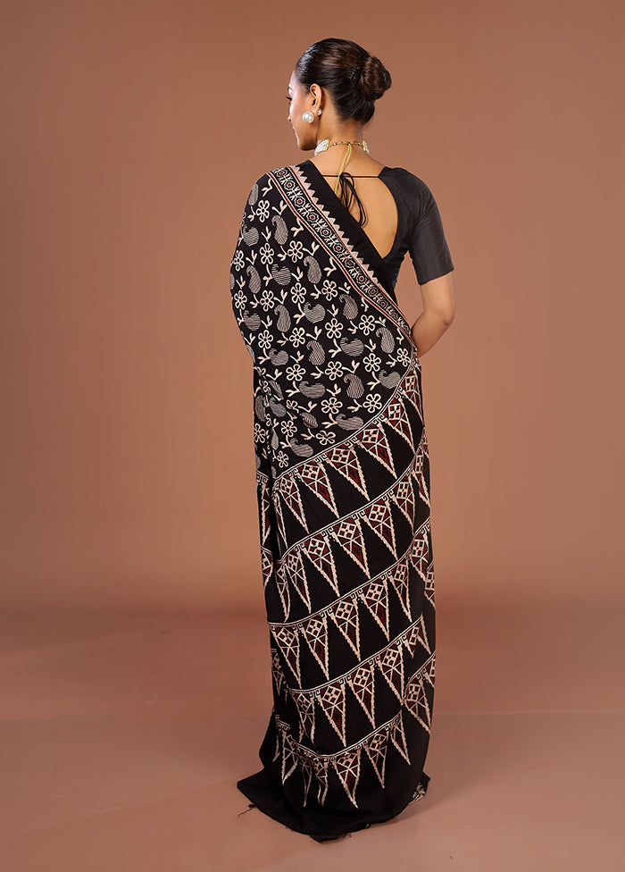 Black Printed Pure Silk Saree Without Blouse Piece