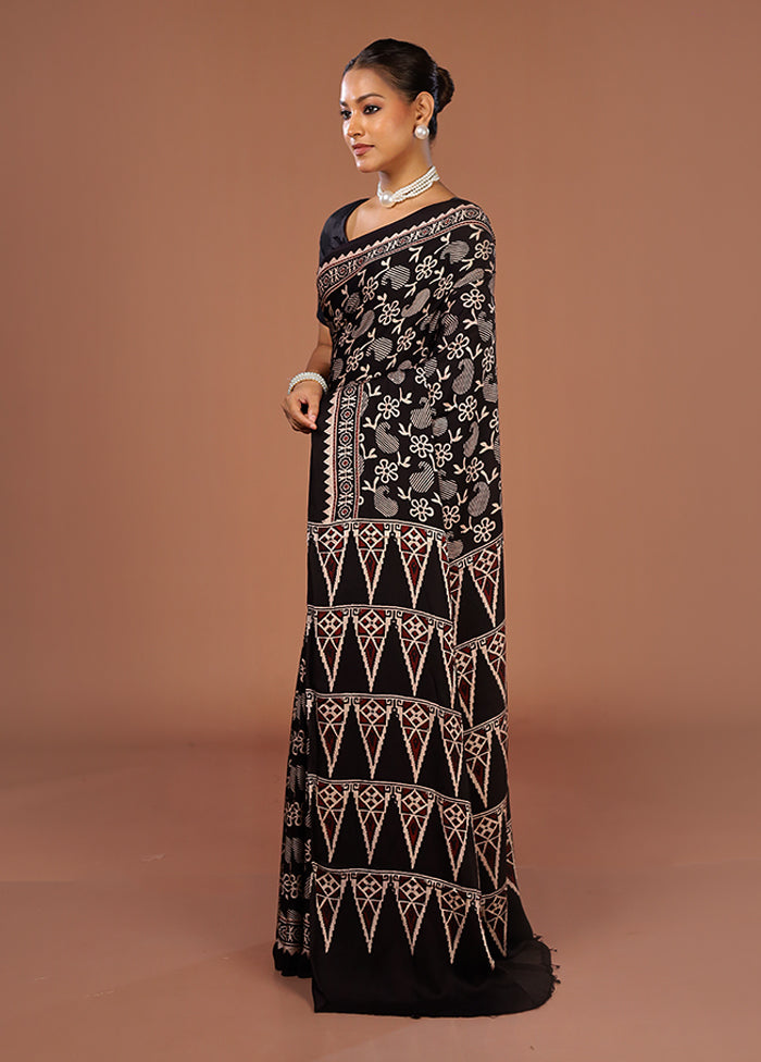 Black Printed Pure Silk Saree Without Blouse Piece