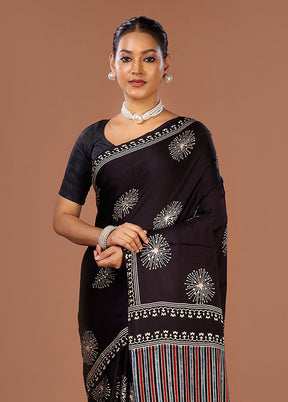 Black Printed Pure Silk Saree Without Blouse Piece