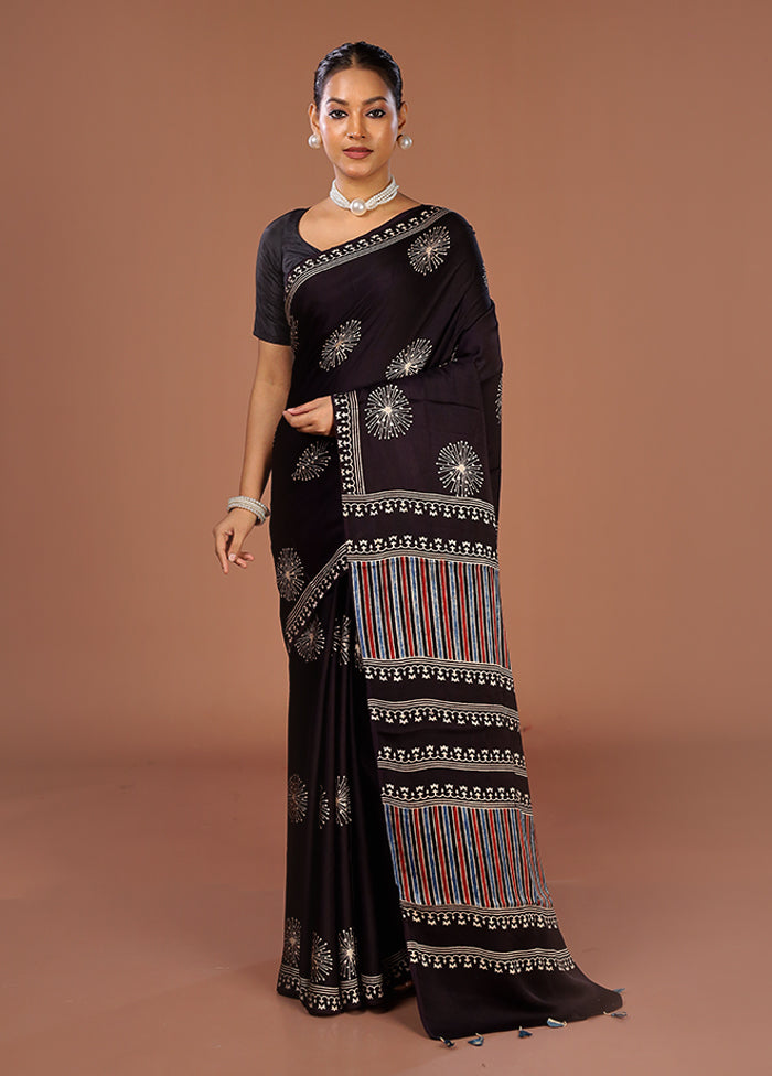 Black Printed Pure Silk Saree Without Blouse Piece