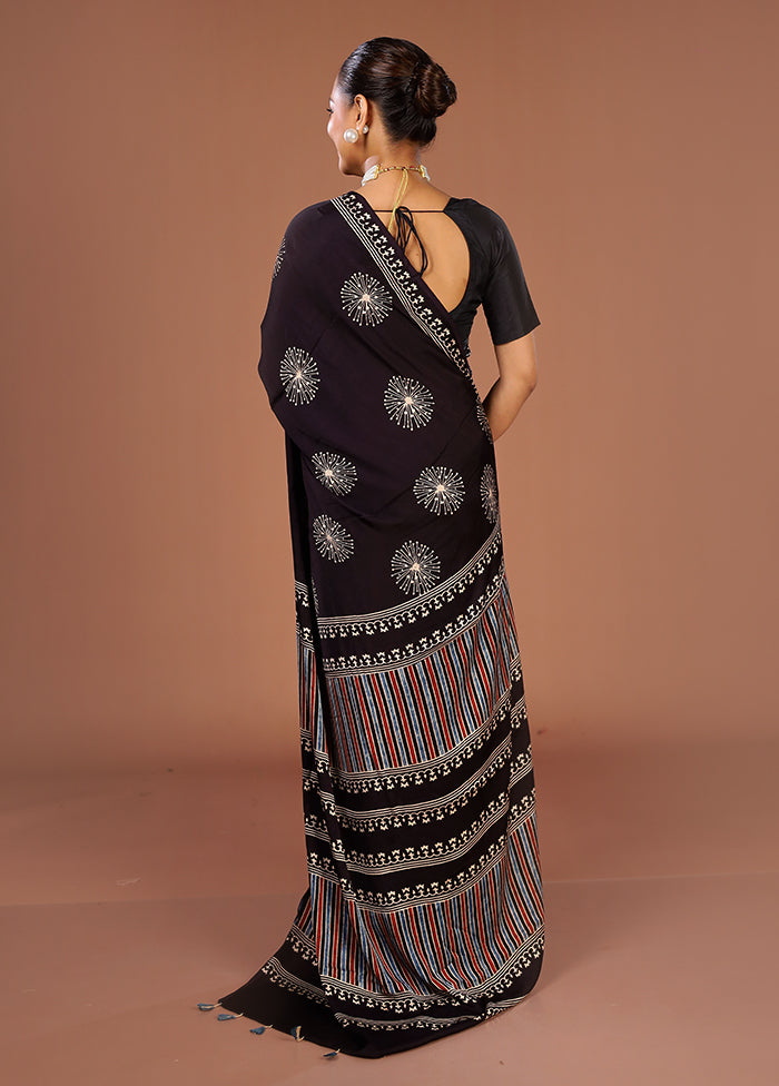 Black Printed Pure Silk Saree Without Blouse Piece