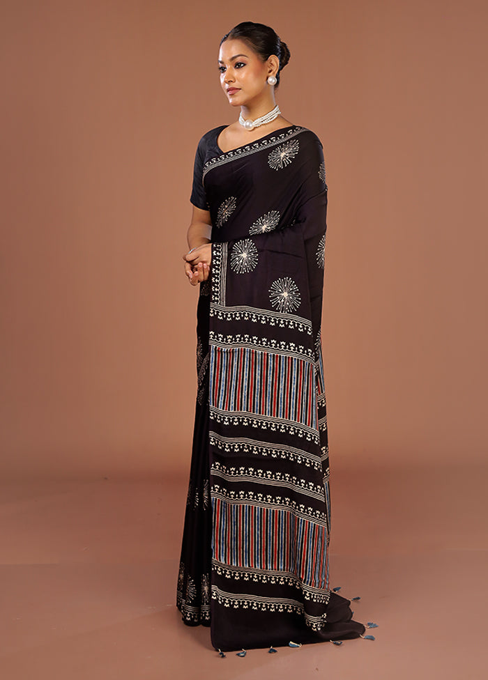 Black Printed Pure Silk Saree Without Blouse Piece