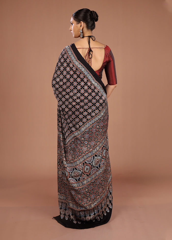Black Printed Pure Silk Saree Without Blouse Piece