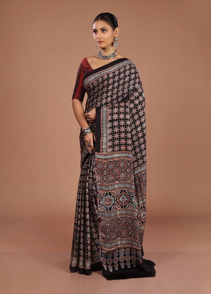 Black Printed Pure Silk Saree Without Blouse Piece