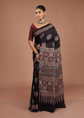 Black Printed Pure Silk Saree Without Blouse Piece
