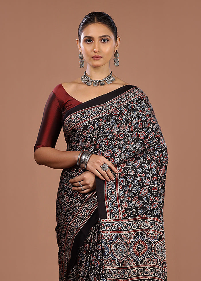 Black Printed Pure Silk Saree Without Blouse Piece