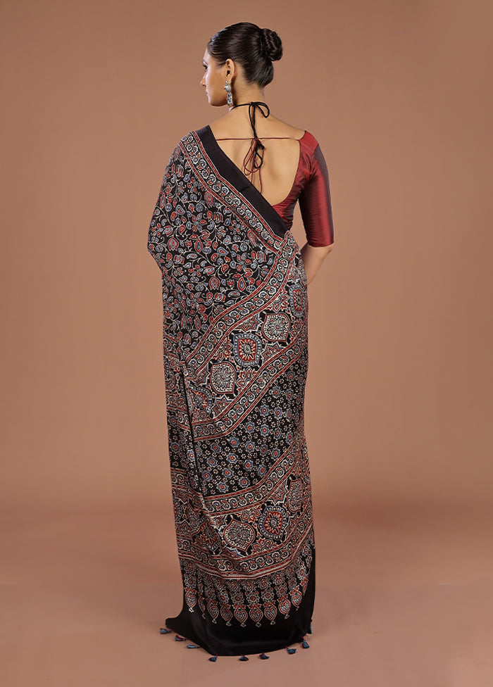 Black Printed Pure Silk Saree Without Blouse Piece
