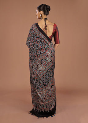Black Printed Pure Silk Saree Without Blouse Piece