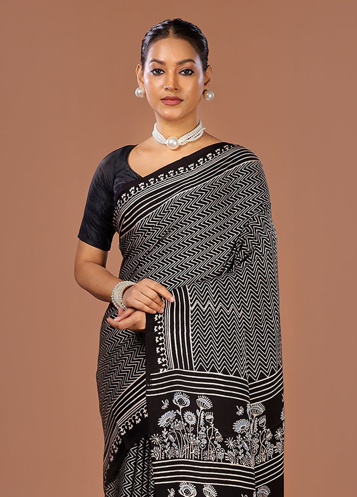 Black Printed Pure Silk Saree Without Blouse Piece