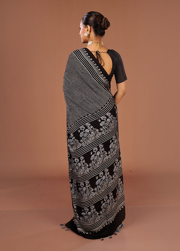 Black Printed Pure Silk Saree Without Blouse Piece