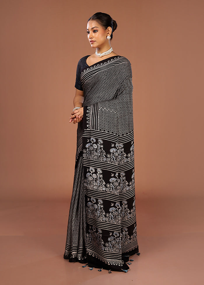 Black Printed Pure Silk Saree Without Blouse Piece