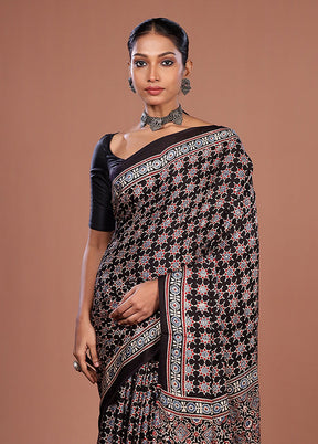 Black Printed Pure Silk Saree Without Blouse Piece