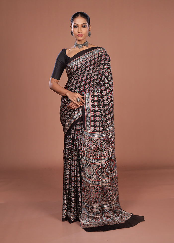 Black Printed Pure Silk Saree Without Blouse Piece