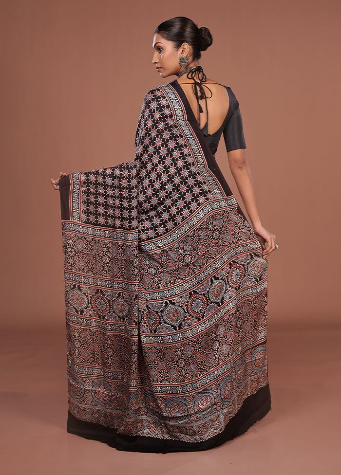 Black Printed Pure Silk Saree Without Blouse Piece